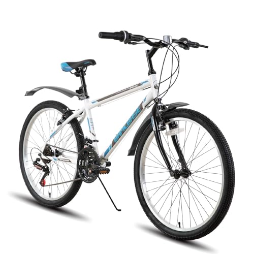 Hiland 24 Zoll Mountainbike für Männer Frauen, 21 Gänge High-Carbon Stahlrahmen, MTB-Fahrrad für Erwachsene Weiß