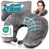 Heimwert Reisekissen - 2in1 Memory Foam Nackenkissen Stützkissen,Nackenhörnchen, 37x27 cm - Travel Pillow für Flugzeug, Camping, Reise - Ergonomisches Kopfkissen mit Microperlen (Grau)