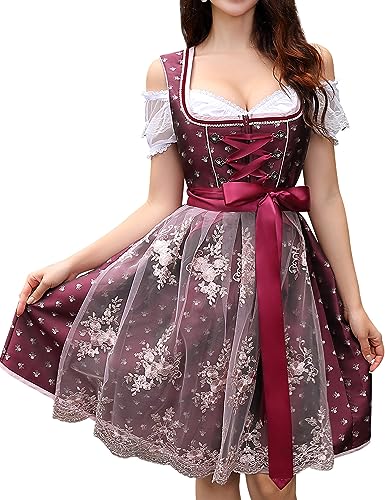 Clearlove Damen Dirndl 3 Teilig Midi Elegant Kurz Trachtenkleid Set inkl. Dirndl Kleid Dirndlschürze Dirndlbluse für Oktoberfest(Rot,36)