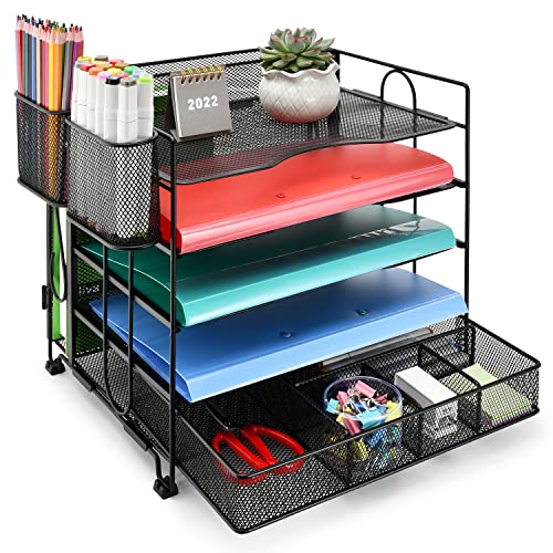 johgee Papier Briefablage Organizer, 5-Tier Desktop Datei Organizer mit zusätzlicher Schublade und 2 Stifthaltern, Mesh Bürobedarf Schreibtisch Organizer für das Home Office