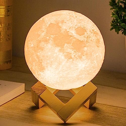 Mydethun Muttertagsgeschenk Mondlampe 3D Moonlight 12cm mit Holzständer, Touch Control und USB wiederaufladbar weiß & gelb Geschenke für Frauen Mädchen Mutter Heimdekoration