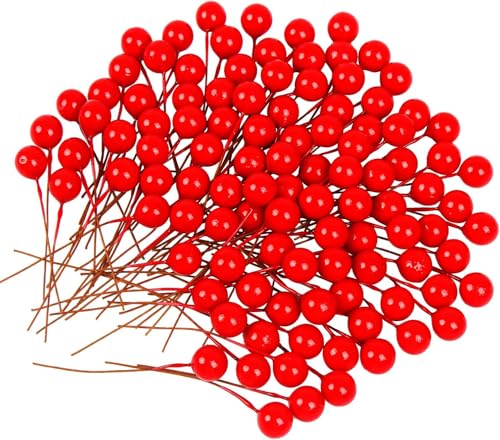 DERAYEE 100 Pcs Weihnachten Stechpalmen Beeren,künstliche rote Beeren für Weihnachten Kranz Dekorationen Kranz Machen Zubehör,Christbaumschmuck deko (Rot)