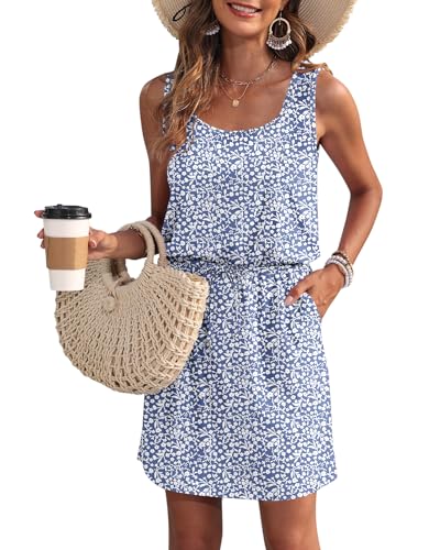WNEEDU Sommerkleid Damen Ärmellose Strandkleid Damen U-Ausschnitt KordelzugKleid Luftiges Kleid Damen Sommer mit Taschen Blume Blau Lila L