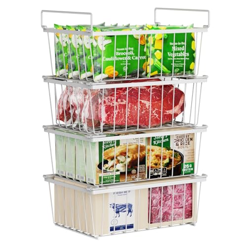 iSPECLE Gefrierschrank Organizer - 4er stapelbare Gefrierkörbe für 215L Truhengefrierschrank Schaffen Platz, Gefrier korganizer korb mit Griffen einfach zum Sortieren und Essen bekommen, Weiß