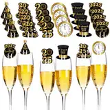 DPKOW 24 Stück Happy New Year Deko 2025 Weingläser Deko Rotweinglas Glasmarkierer Silvester Glas Markierung Trinkgläser für Silvester Deko 2025 Silvester Tischdeko