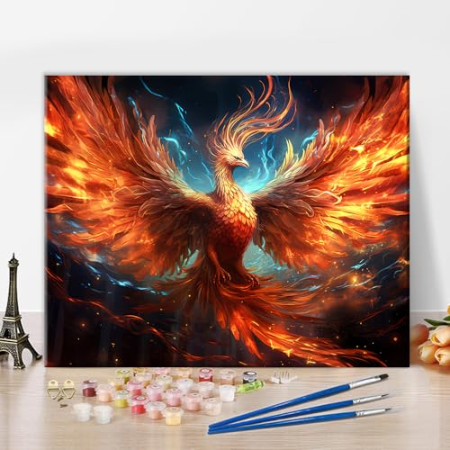TISHIRON Malen nach Zahlen Fliegender Vogel mit Feuer Malen nach Zahlen für Erwachsene, Phönix-Ölmalerei-Set, mythologisches Tier-Acrylmalerei-Set mit Pinseln und Pigmenten, 40x50 CM