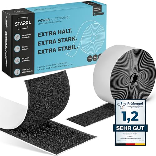 STARKL® Premium Klettband selbstklebend Extra Stark u. Extra Breit (Schwarz) I 5m x 50mm Klettverschluss selbstklebend I Doppelseitiges Klettband für innen und außen