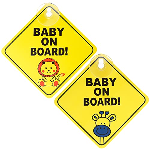 TIESOME Baby on Board Auto Warnschilder, 2 Stück Sicherheits Autoschild mit Saugnäpfen Abnehmbarer Kinder-Sicherheitswarnaufkleber für das Auto Gelb süß Baby on Board Aufkleber Auto (Stil 1)