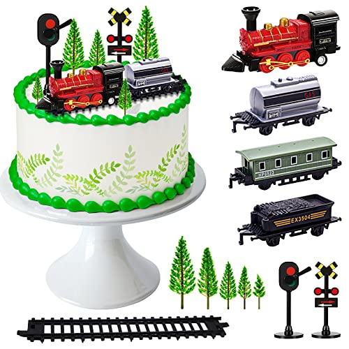 Lukinuo Zug Kuchen Toppers 13pcs Zug Kuchen Dekorationen Mini Zug Spielzeug Verkehr Spur Eisenbahn Lichter Kuchen Topper Dekorationen für Jungen Kinder Dampfzug Thema Geburtstag Party Supplies