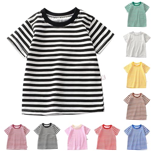 T Shirt Gestreift Kinder Kurzarm Tshirt Baby Mädchen Baumwolle Basic Kinderkleidung Junge Gestreiftes Rundhals Top Leicht Atmungsaktiv Lässig Oberteile (Black, 5-6 Years)