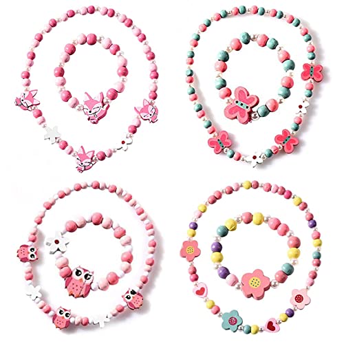 Prinzessin Halskette Armbänder Set Holz Kinderschmuck Kit Freundschaftsarmband Und Mädchen Halskette Bunte Holzschmuck Nette Karikatur Bunte Blumen Form Armband Halsketten Schmucksache Satz 4 Pack