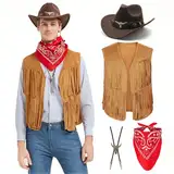 Firecos Cowboy Kostüm Herren Western Cowboy Cosplay Fransenweste mit Hut Halstuch Vintage-Halskette für Karneval Hippie Kostüm Set für Erwachsene (Khaki, XL)