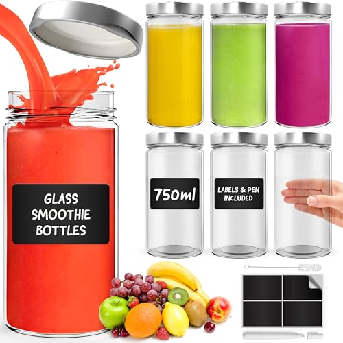 volila 6 Mason Jar – 750ml Smoothie Flasche mit Deckel, Reinigungsbürste, Etiketten und Stift – Glasflaschen Zum Befüllen & Aufbewahrung von Smoothies, Säften, Trockenwaren und Lebensmitteln
