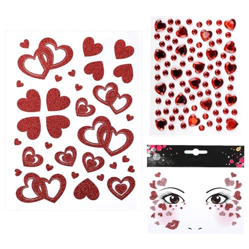 3 PCS Herz Sticker Gesicht, Glitzer Gesichtstattoo Karneval, Love Face Tattoo Aufkleber, Herz Klebetattoos, Rote Strasssteine, Damen Kostümzubehör Für Fasching, Halloween, Weihnachten, Festivals