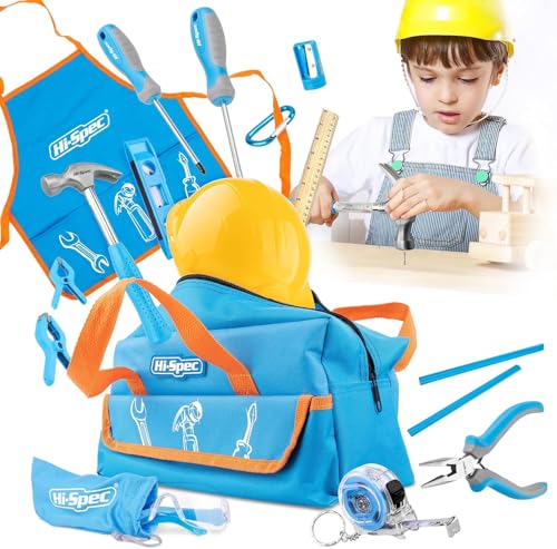 Hi-Spec 18-TLG. Kinder-Werkzeugset mit echten Handwerkzeugen, einschließlich Schutzbrille und Spielzeughelm Kinderwerkzeug echt – Alles in Einer praktischen Aufbewahrungstasche