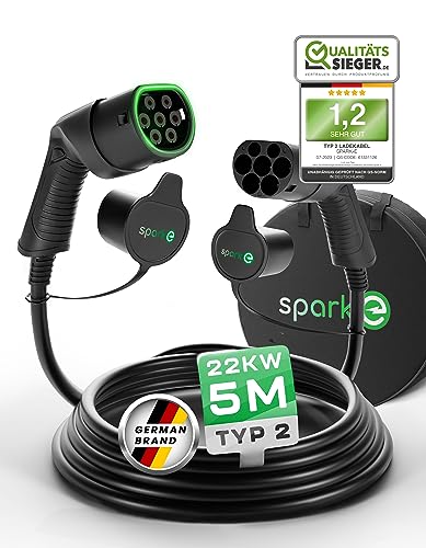 SPARK-E Typ 2 Ladekabel 22kW 5M für EV Elektroautos inkl. Tasche - Ladekabel E Auto - 32A3P Elektroauto - Mode 3 - Wallbox