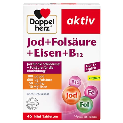 Doppelherz Jod + Folsäure + Eisen + B12 - Mit Folsäure als Beitrag für die normale Blutbildung – 45 vegane Mini-Tabletten