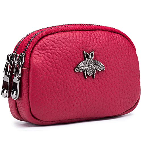 Geldbörse Damen Klein - Portemonnaie Damen Klein Mit Bienenmuster Doppelreißverschluss Mini Damen Portemonnaie Münzfach Zipper Brieftasche Kartenhalter Einfache Münztasche für Damen(Weinrot)