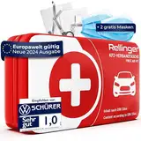 Rellinger® Verbandskasten Auto 2024 für HU zugelassen [EUROPAWEIT GÜLTIG] - inkl. 2 med. Gesichtsmasken - Vollständiges Erste Hilfe Set [DIN 13164 ZERTIFIZIERT] - (StVO konform)