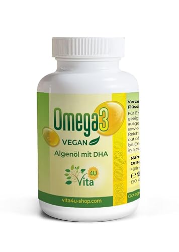 Veganes Omega 3 Algenöl - 120 Kapseln mit 450mg DHA Tagesverzehr - 1500mg Algenöl mit Omega-3 Fettsäure DHA - 40 Tagesrationen - günstig, bioverfügbar & laborgeprüft von Vita 4U®