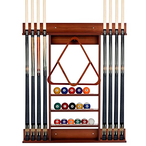 COSTWAY Billard Queue Halter Wandmontage, Wandqueuehalter für 8 Queues, 15 Billardkugeln und 1 Ballständer, aus Kiefernholz (Braun)