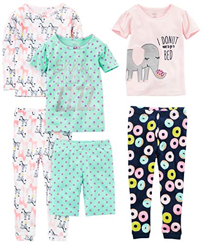 Simple Joys by Carter's Mädchen 6-Piece Snug Fit Cotton Pajama Pyjama-Set, Grün Punkte/Marineblau Donut/Rosa Elefant/Weiß Zebra, 18 Monate (3er Pack)