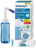 tetesept Meerwasser Nasendusche bei Schnupfen und Pollenallergie – Zur Nasenspülung mit zwei austauschbaren Aufsätzen auch für Kinder geeignet – Inkl. 4 Beutel Nasenspülsalz