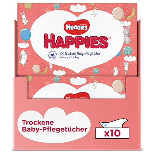 Huggies Happies trockene Baby-Pflegetücher, weich und reißfest, 10 x 100 Tücher, Monatsgröße