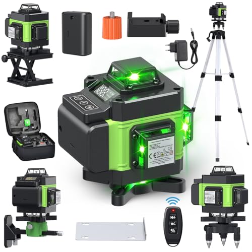 Kreuzlinienlaser mit Stativ, Multifunktionaler 4D-Laser mit 16 Linien,selbstnivellierende Maschine, USB-wiederaufladbares Lithium-Batterie-Nivelliergerät mit ,2 * 2400 mAh Batterien Green