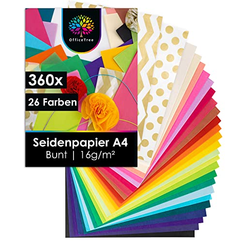 OfficeTree 360 x Seidenpapier A4 in 26 Farben - Seidenpapier Bunt zum Basteln 16 g/qm - Art Tissue Paper - Buntes Seidenpapier Set - Seidenpapier Basteln & DIY & Verpacken