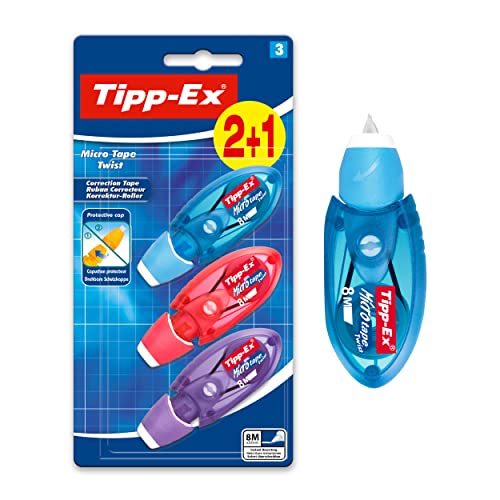 Tipp-Ex Korrekturroller Micro Tape Twist mit Schutzkappe, in 3 Farben (nicht wählbar), 8m x 5 mm, 3er Pack, Ideal für die Schule