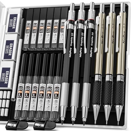 Nicpro 6 Stück Druckbleistifte Set, Metall Mechanische Bleistifte 0,5 mm, 0,7 mm, 0,9 mm, 2mm Fallminenstift (2B HB 2H) mit 12 Dosen HB Bleistiftminen & 2 Radiergummis, Etui für Schreiben, Zeichnen