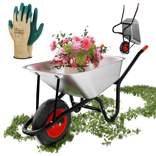 GARMIO® Schubkarre 85 Liter bis 160kg Tragfähigkeit Garten Bauschubkarre, Gummi-Luftreifen mit Felge - Wanne verzinkt, Hofkarre, Robustes Stahlgestell für Haus und Hof