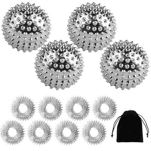 4 Stück Igelball Massage + 8 Stk Akupressur Ring Finger, Skills Borderline Set, Magnetic Acupressure Balls, Magnetische Spiked Massage Ball, Igelbälle Massageringe für Stress Relief