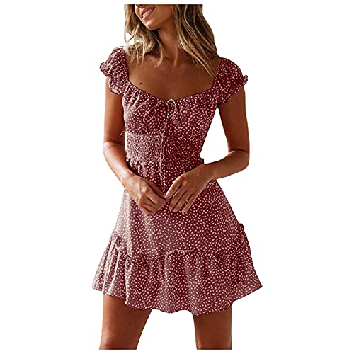 Generisch Damen Sommerkleid Rundhals Kurzarm Taillenschnürung T Shirt Kleid Freizeitkleider Tunika Mini Dress Sommerkleider Damen Elegant Cecil Kleider Damen Sommer