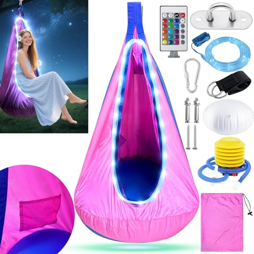 VEEKAY Hängehöhle,Pod Schaukelsitz mit LED,Pod Swing Seat mit Aufblasbarem Kissen,Schaukelstuhl,Tragbarer Hängesessel Schaukel,Hängehöhle für Drinnen und Draußen