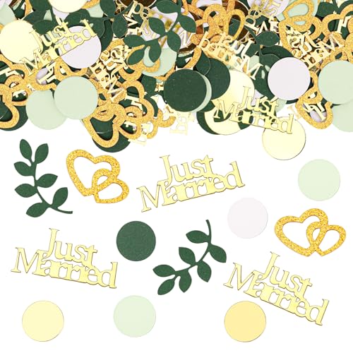 GoldRock Just Married Deko Hochzeit Tischdeko Herzen Deko Konfetti Groß,100 Stk Tischdeko Hochzeit Grün Gold,Glitzer Streudeko Hochzeiten Geschenk,Hochzeitsdekoration Tisch,Vintage Hochzeitsdeko Set