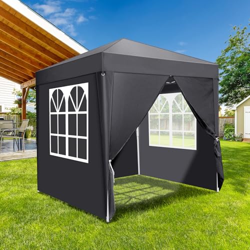 Bonnlo Pop-up Pavillon, Faltpavillon 2x2m, Höhenverstellbar, Wasserdicht Partyzelt mit 4 Seitenteilen, Gartenpavillon für Outdoor Hochzeit Garten Camping Party, Grau