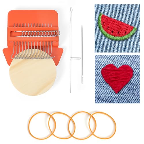 Winter Shore Mini Webstuhl zum Stopfen mit Gewölbter Holzscheibe - Loom Webrahmen Rund im Speed Weve-Stil - 14 Metallhaken zum Weben, Nähen, Flicken, Jeans- & Socken Stopfen - Reparatur & DIY-Stricken