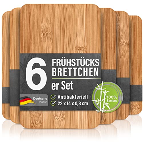 6er-Set Frühstücksbrettchen aus Bambus Holz - 22x14x0,8cm Holzbrettchen Set Brettchen Frühstücksbrett Holzbrett