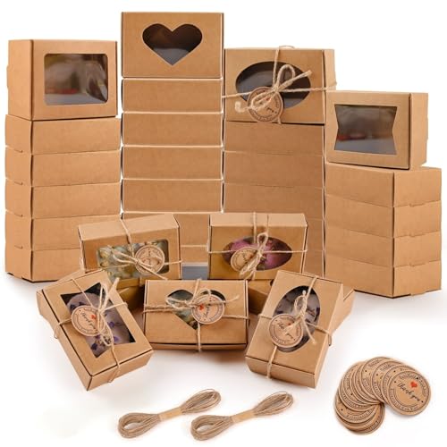 24 Stück Kraftpapier Box mit Sichtfenster - Mini-Geschenkboxen für Seifen, Cupcakes, Desserts - Kleine Schachteln 9x6x3cm, Ideal für Kekse, Kuchen,Pralinen und Süßigkeiten Verpackung Geschenkkartons