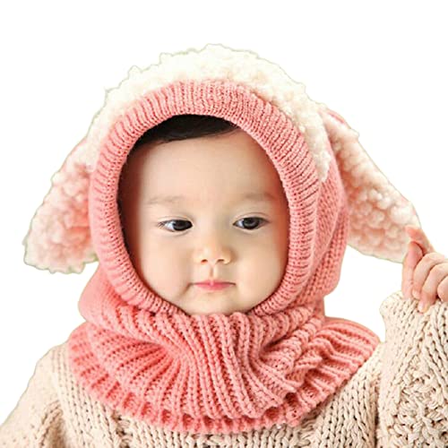 Warm Mütze und Schal Set für Jungen Mädchen 3-6 Jahre, Baby Beanie Mütze Stricken Wintermütze Warm Niedlich Hund Schlupfmütze Kinder Schalmütze Fleecefutter Strickmütze Thermische Kapuzenschal,Rosa