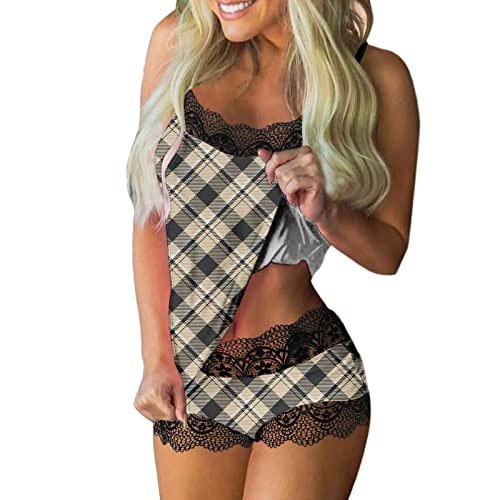 Frauen Valentinstag Temperament Strand 2-Teilig Lässig Sommer Panty Shorts Schlinge Damen Hohe Taille Leicht Schlafanzug Prämie Sexy Set Verstellbare Spitze Halfter Weste Oberteil (Khaki, M)