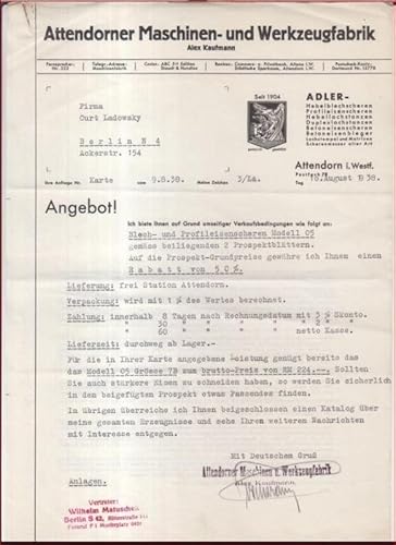 Angebot der Attendorner Maschinen- und Werkzeugfabrik Alex Kaufmann an die Firma Curt Ladowsky, Ackerstr. 154, Berlin für Blech- und Profileisenscheren Modell 05 (Adler). -