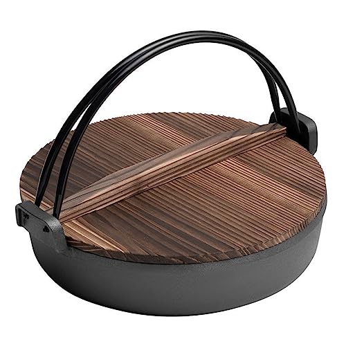 7 Größen Japanischer Sukiyaki-Topf, Gusseisen-Nabe-Tetsu-Topf, Doppelgriff, Shabu-Shabu-Hot-Pot, Sukiyaki-Pfanne mit Holzdeckel (Flacher Boden), 30 cm
