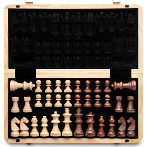 A&A Magnetisches Schach-Set aus Holz, 38,1 cm, klappbares Brett, 7,6 cm, Königshöhe Deutscher Ritter Staunton Schachfiguren/Walnuss & Ahornholz / 2 extra Königin/Brettspiele
