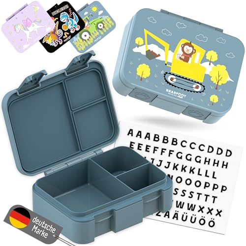 BEARFOOT Bento Box COMPACT | Brotdose Kinder mit Fächern Mädchen & Jungen (BPA-frei) | Für Schule & Kindergarten | Brotdose Kinder auslaufsicher | Leicht & kompakt (Bagger-blau, 650ml)