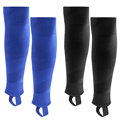 Northdeer Kinder Stutzen Fussball Herren Fussballstutzen Stegstrümpfe Sleeve Fussballsocken mit Steg 2 Paar (Schwarz + Blau S)