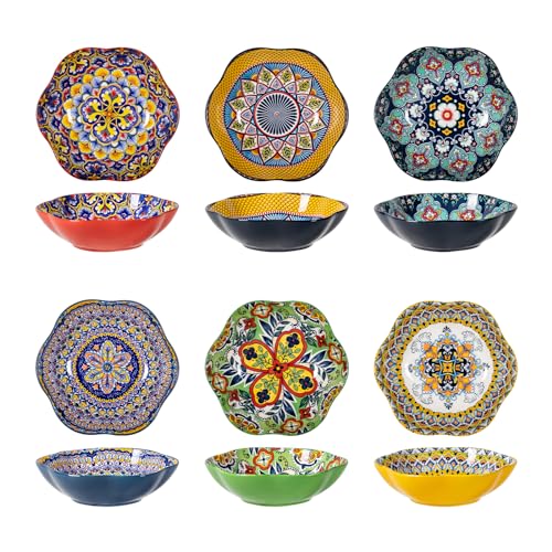 HENXFEN LEAD Salatschüssel aus Porzellan, 590ml Dessertschüssel Müslischale, Multifunktional Pastaschüssel in Blumenform für Eiscreme, Reis, Nachtisch, usw. Bunte, 6er Pack - Bohemian Style