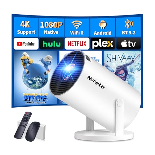 Mini Beamer 4K Projektor Full HD 1080P mit WiFi 6 und Bluetooth 5.2, Android Tragbarer Projektor 270° Dreh mit Automatische Trapezkorrektur für PC/HDMI/USB,mit Maus und Fernbedienung, Weiß